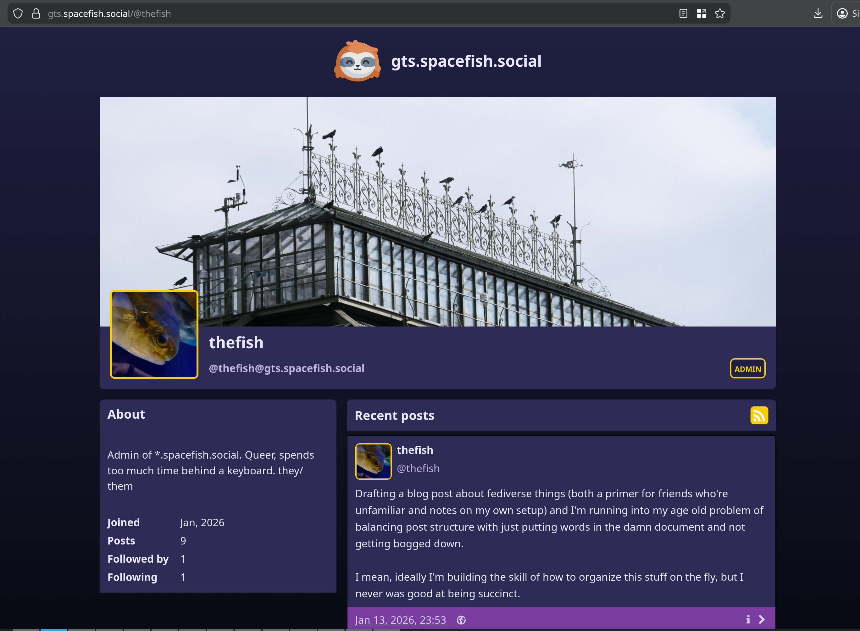 a screenshot of my profile at gts.spacefish.social/@thefish (it also looks like twitter)