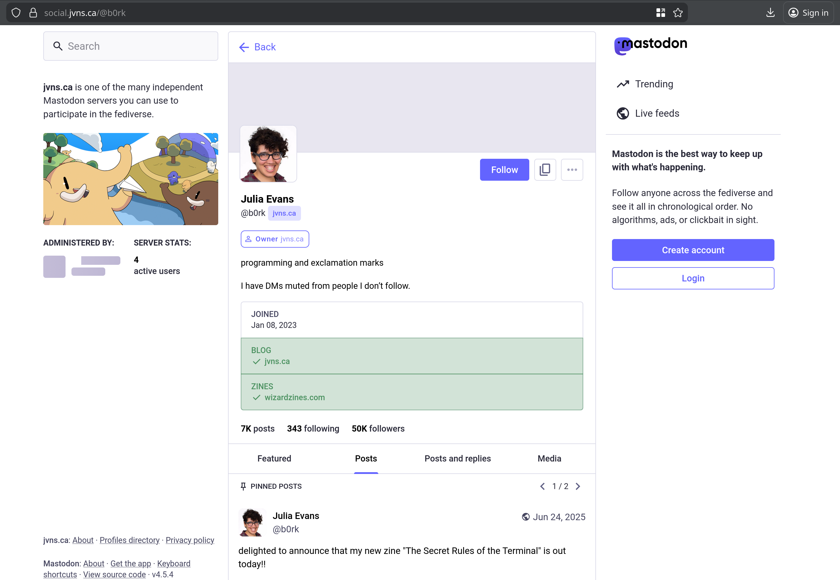 a screenshot of Julia Evans's single-user Mastodon instance (it looks like a twitter timeline)