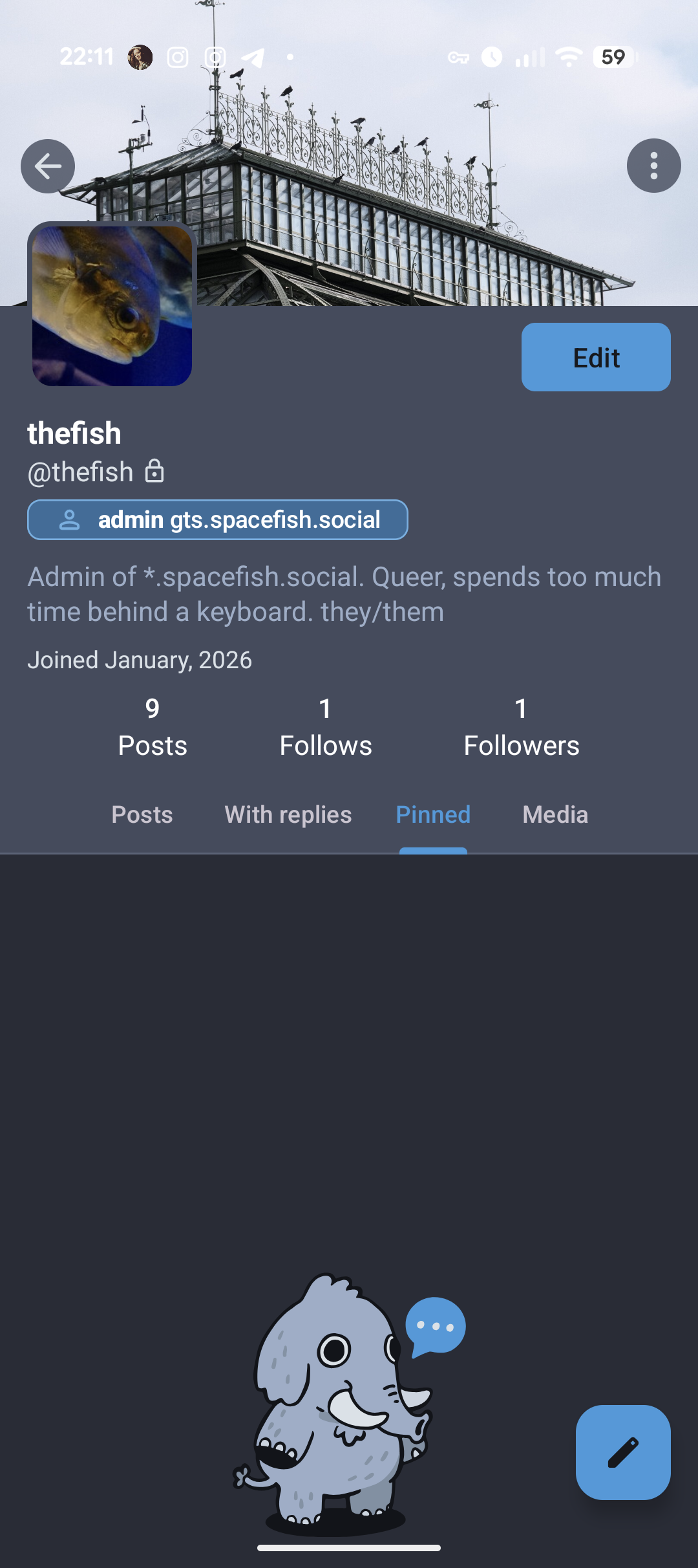a screenshot of the Tusky android app open to pinned posts of thefish@gts.spacefish.social